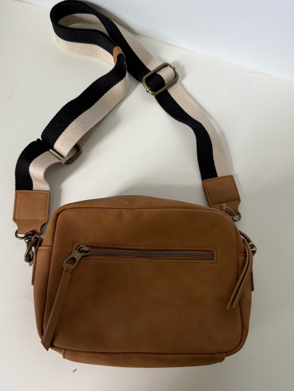 Tan Crossbody Bag with Wide Black & Cream Strap - Picture 1 of 4